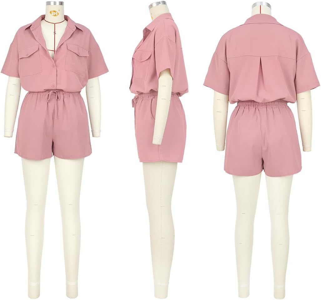 2 Piece Outfits for Women Summer Casual Short Sleeve Button down Tops Blouses Shirts and Shorts Set with Pockets Romper