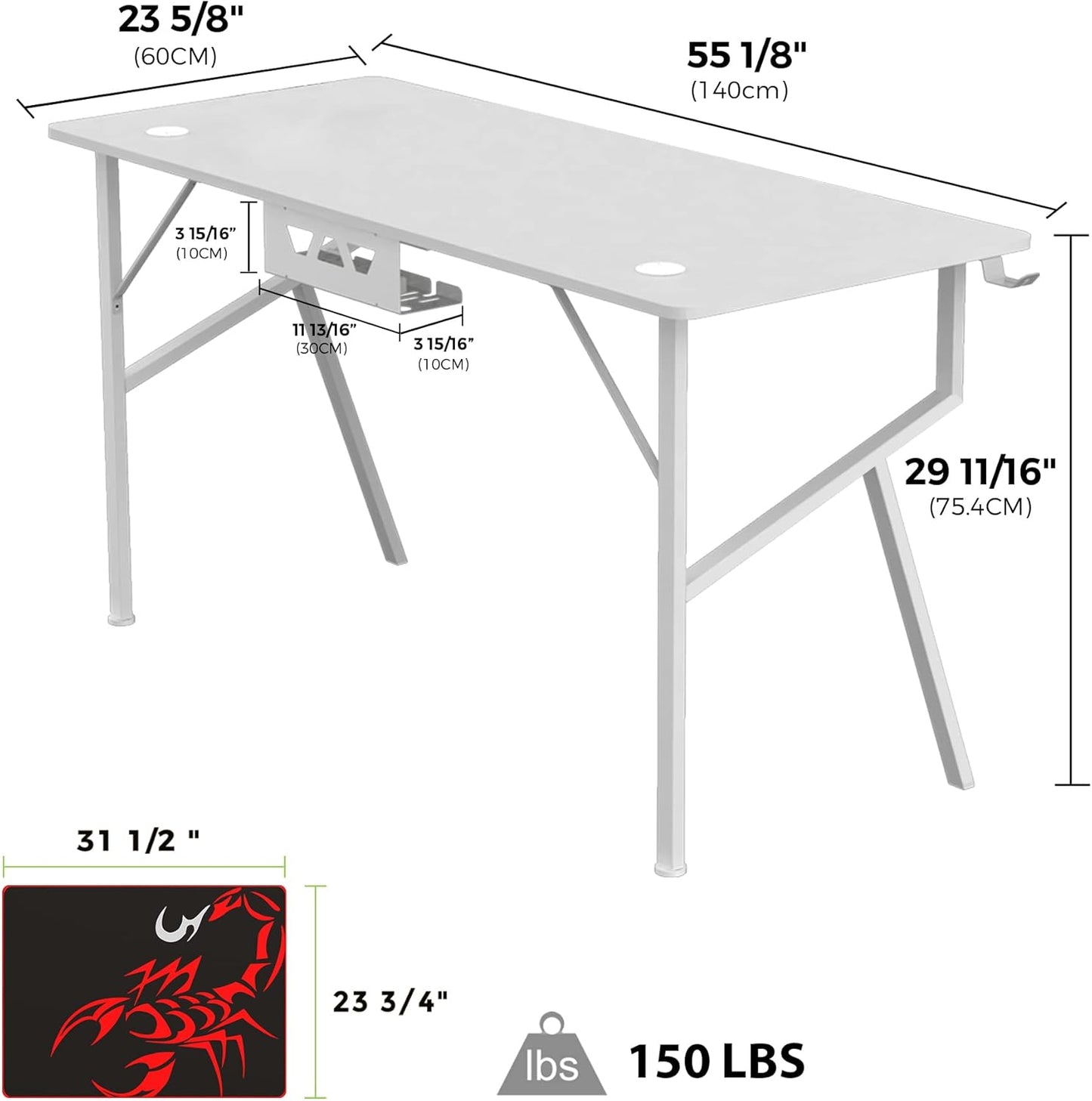 Gaming Desk 55'' K-Shape Office PC Computer Gaming Desk Gamer Tables with Mouse Pad, Cup Holder, Headphone Hook for Men Boy/Girlfriend Son/Daughter, White