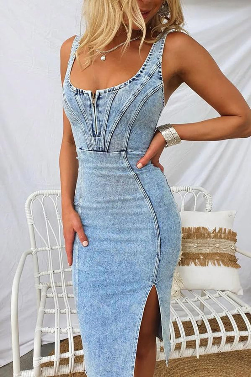 Denim Dress for Women Sleeveless Side Slit Bodycon Midi Jean Dresses for Women 2025
