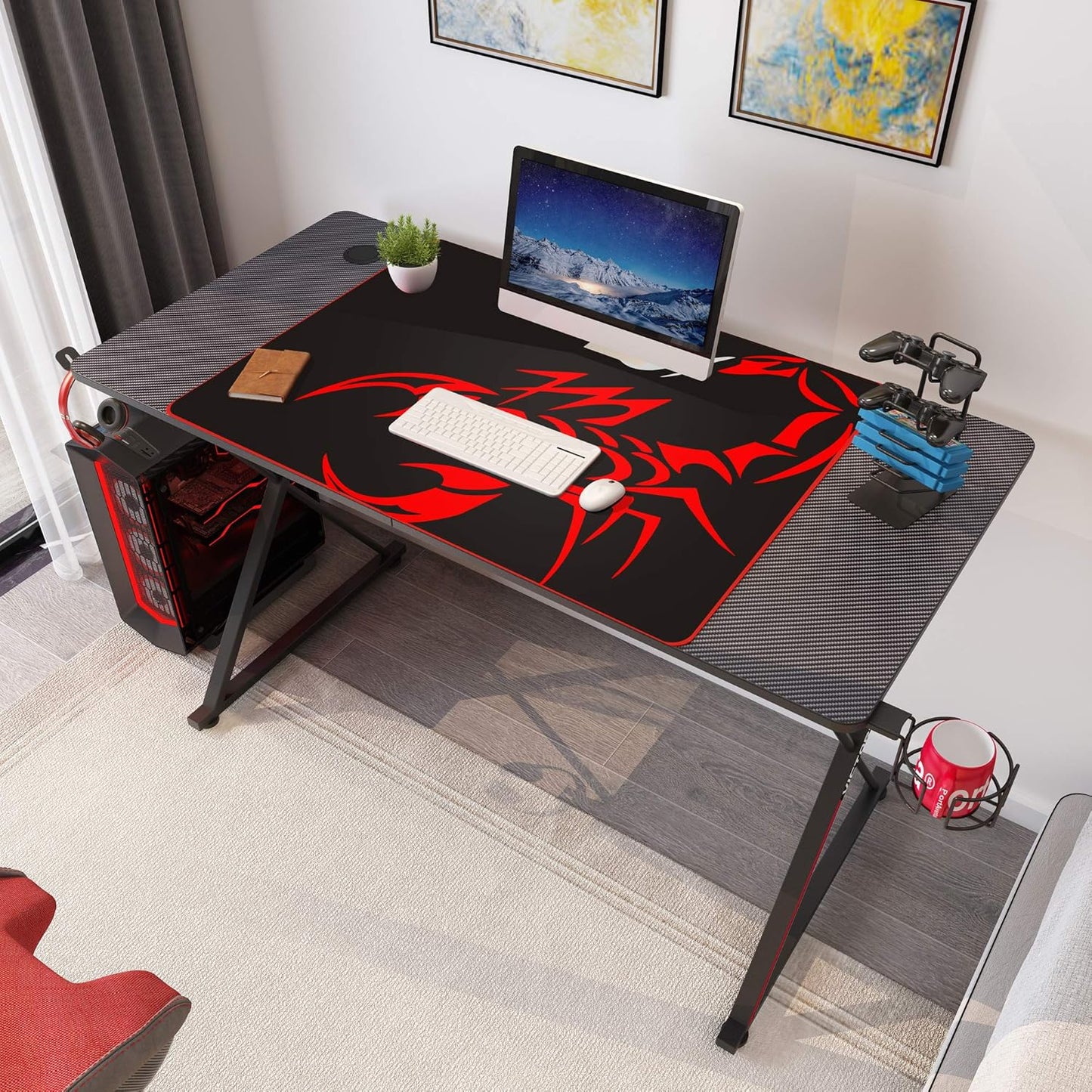 47'' Gaming Desk, X-Shape Computer Desk with Free Mouse Pad, Cup Holder& Headphone Hook & Controller Stand, Gamer Workstation for Home Office, Black