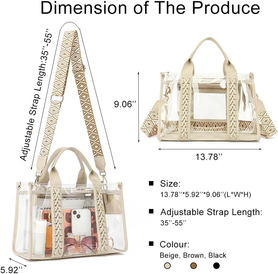Clear Tote Bag for Women Stadium Approved Woven Crossbody Handbag Clear Purse for Stadium Events, Concert, Work & Beach