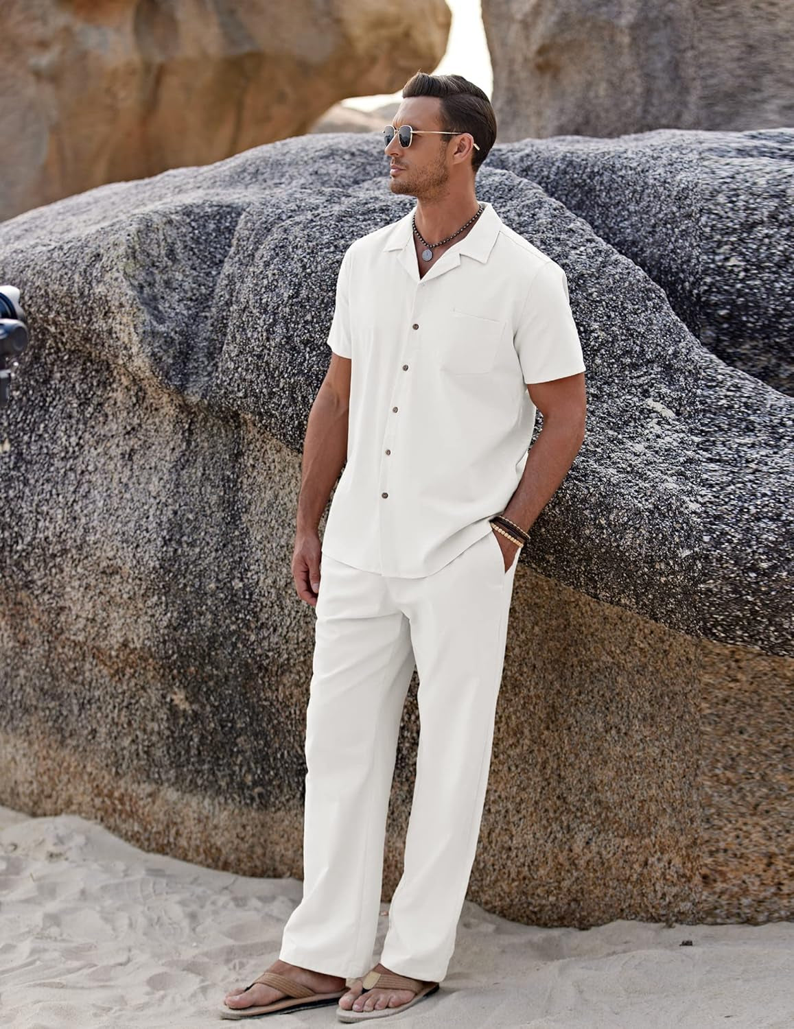 Men 2 Piece Linen Outfit Beach Button down Shirt Casual Loose Pant Sets