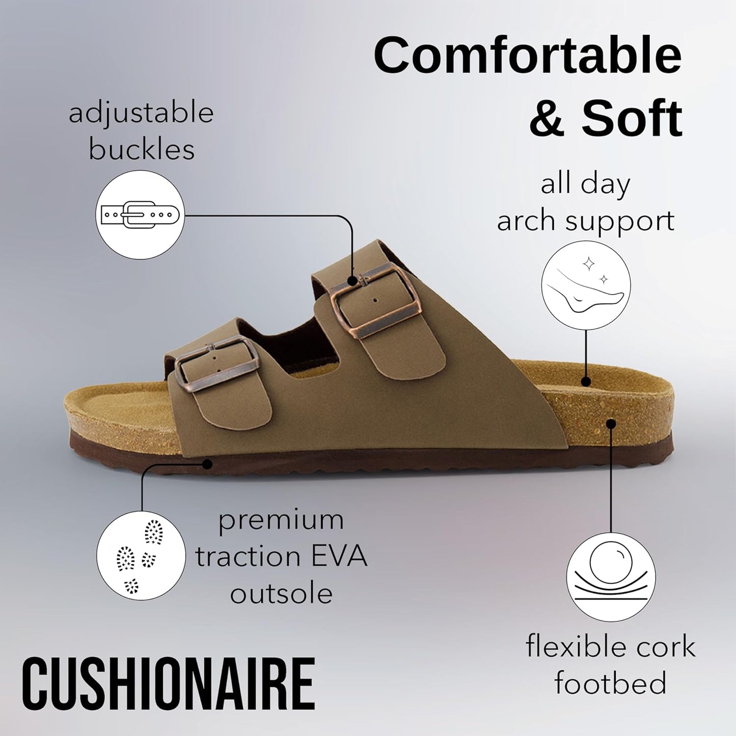 Lane Cork Footbed Mens Sandals, Adjustable Buckle Comfort Slides for Men, Genuine Leather Insole Summer Sandals Men Footwear