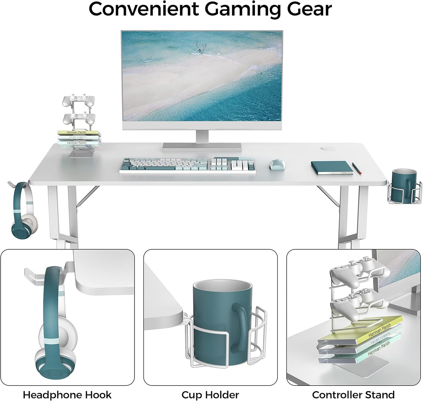 Gaming Desk 55'' K-Shape Office PC Computer Gaming Desk Gamer Tables with Mouse Pad, Cup Holder, Headphone Hook for Men Boy/Girlfriend Son/Daughter, White