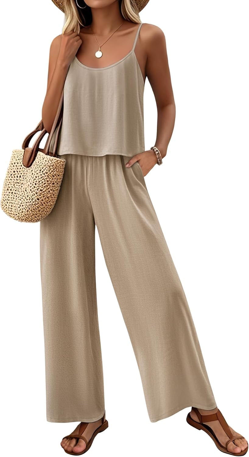 Women'S 2 Piece Lounge Set Summer Beach Vacation Travel Outfits Casual Matching Spaghetti Strap Top and Pants Sets