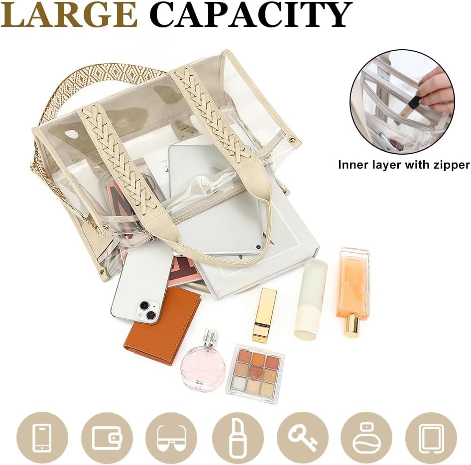 Clear Tote Bag for Women Stadium Approved Woven Crossbody Handbag Clear Purse for Stadium Events, Concert, Work & Beach