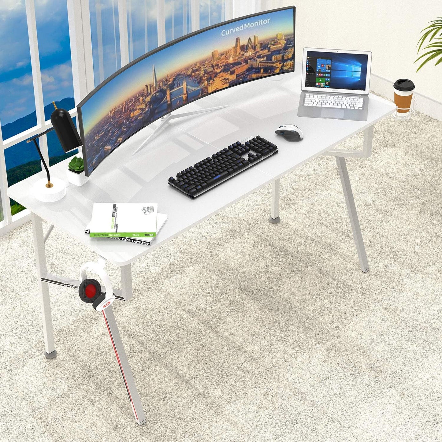 Gaming Desk 55'' K-Shape Office PC Computer Gaming Desk Gamer Tables with Mouse Pad, Cup Holder, Headphone Hook for Men Boy/Girlfriend Son/Daughter, White