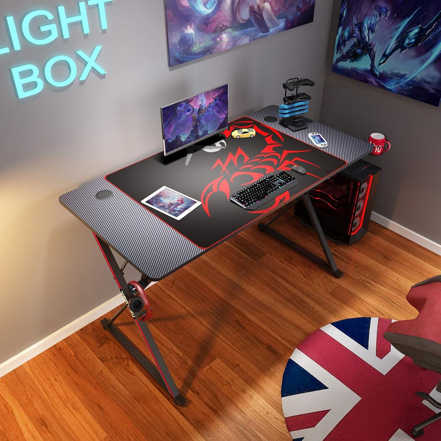 47'' Gaming Desk, X-Shape Computer Desk with Free Mouse Pad, Cup Holder& Headphone Hook & Controller Stand, Gamer Workstation for Home Office, Black