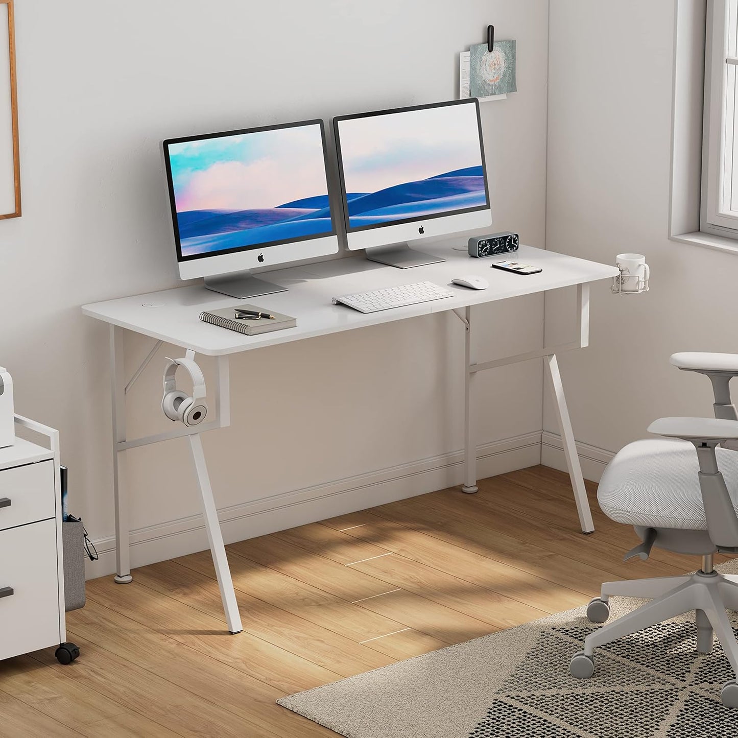 Gaming Desk 55'' K-Shape Office PC Computer Gaming Desk Gamer Tables with Mouse Pad, Cup Holder, Headphone Hook for Men Boy/Girlfriend Son/Daughter, White