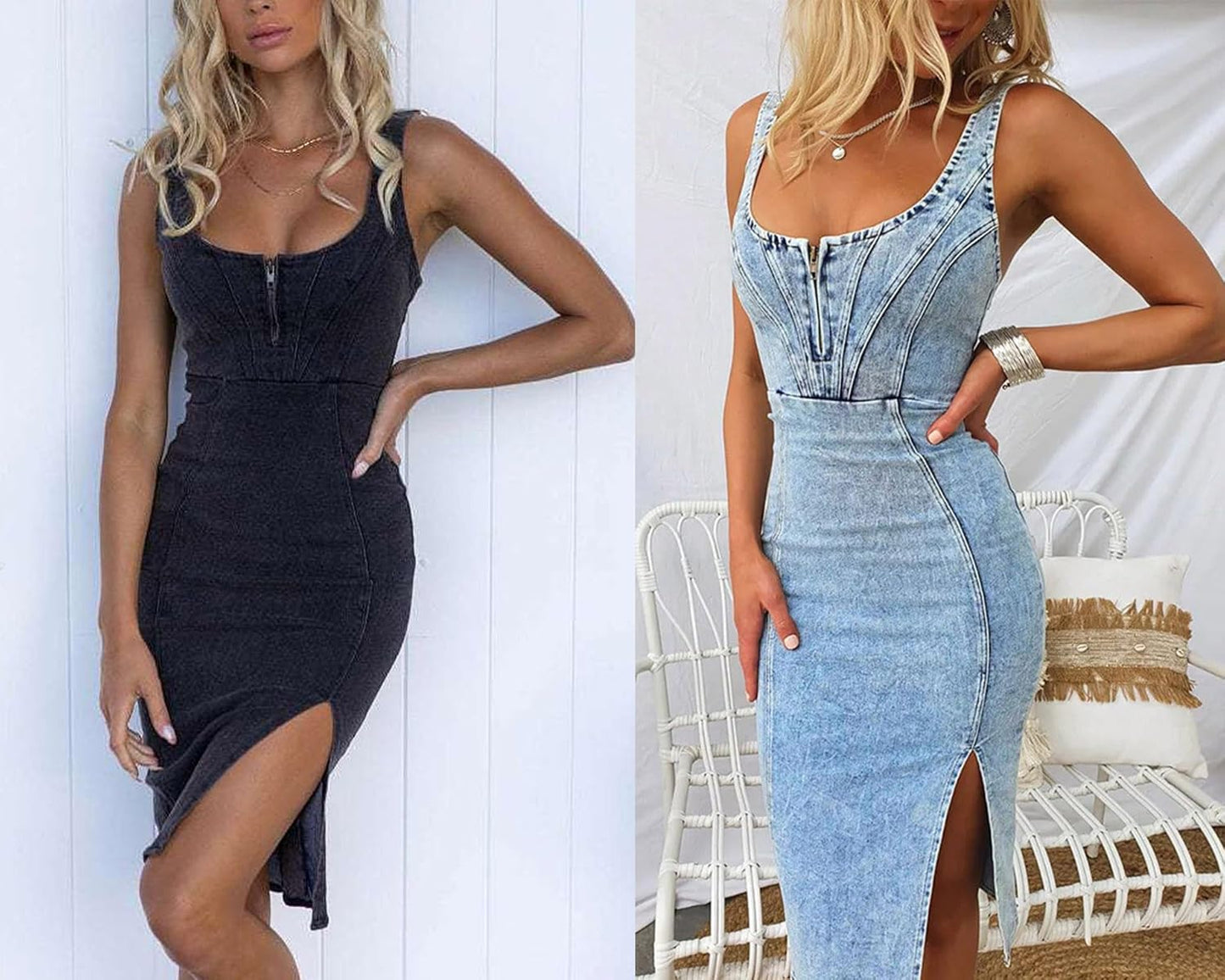 Denim Dress for Women Sleeveless Side Slit Bodycon Midi Jean Dresses for Women 2025
