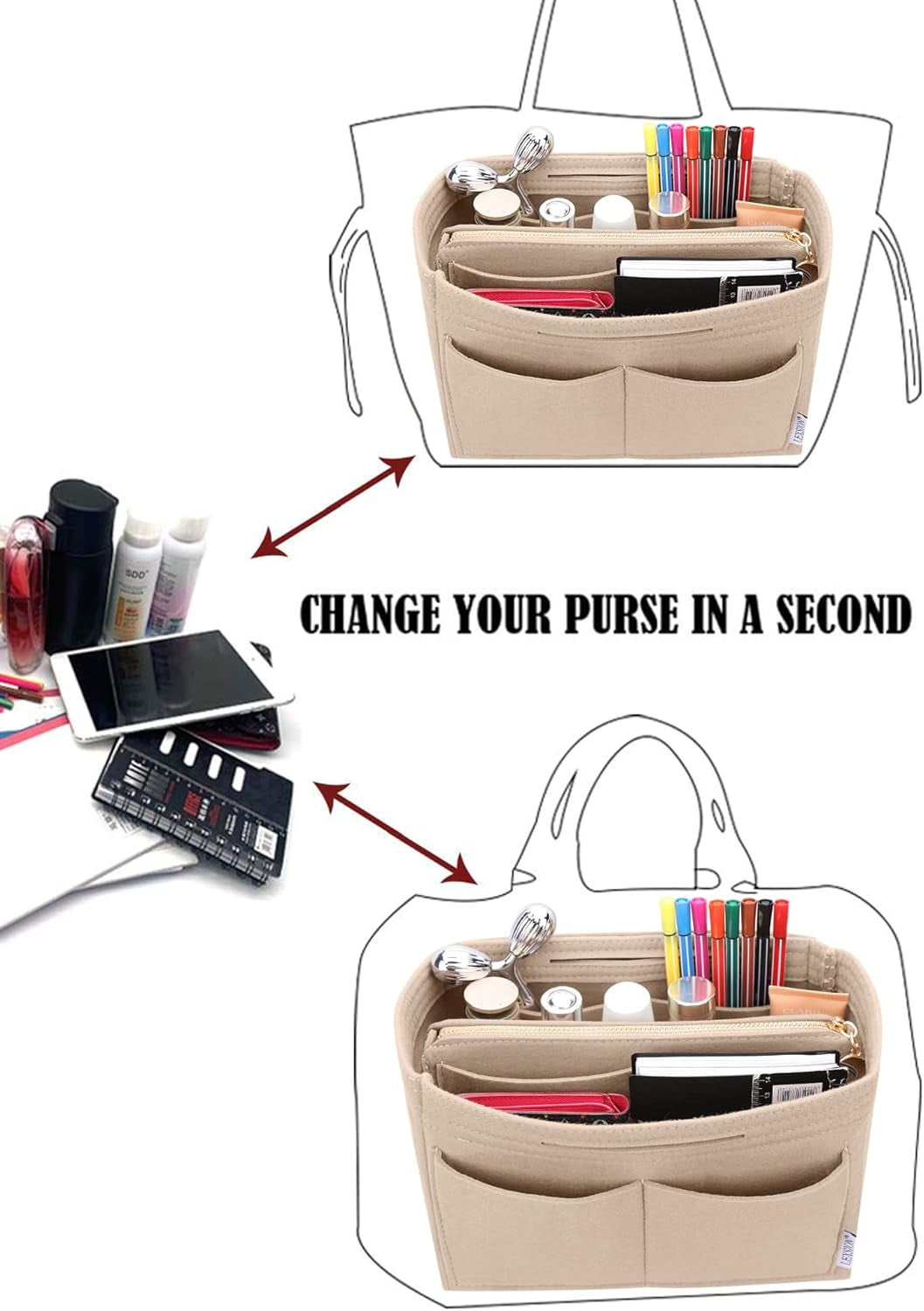 Felt Purse Bag Organizer Insert with Zipper Bag Tote Shaper Fit Speedy Neverful PM MM