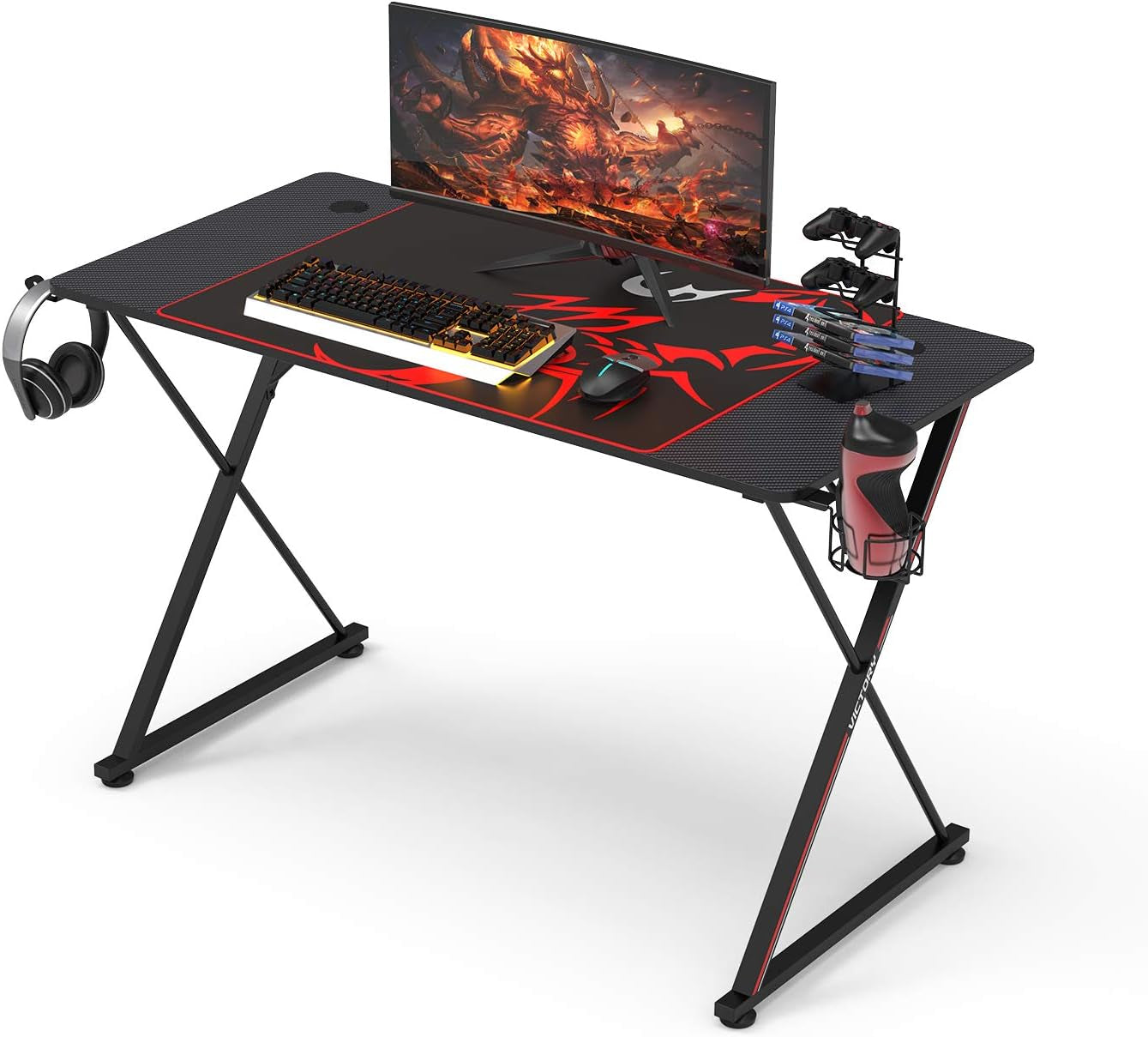 47'' Gaming Desk, X-Shape Computer Desk with Free Mouse Pad, Cup Holder& Headphone Hook & Controller Stand, Gamer Workstation for Home Office, Black