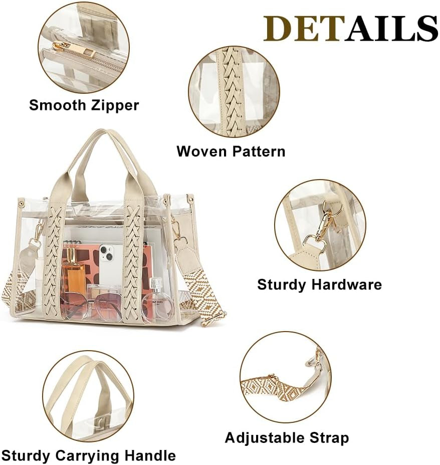 Clear Tote Bag for Women Stadium Approved Woven Crossbody Handbag Clear Purse for Stadium Events, Concert, Work & Beach