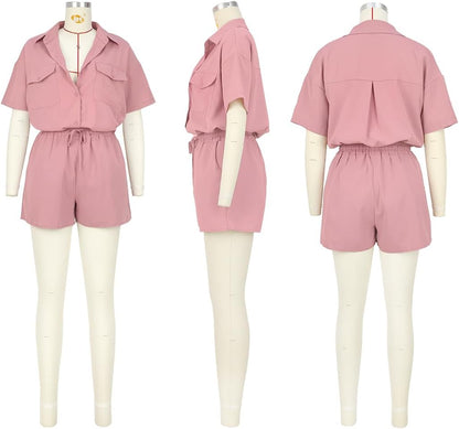 2 Piece Outfits for Women Summer Casual Short Sleeve Button down Tops Blouses Shirts and Shorts Set with Pockets Romper