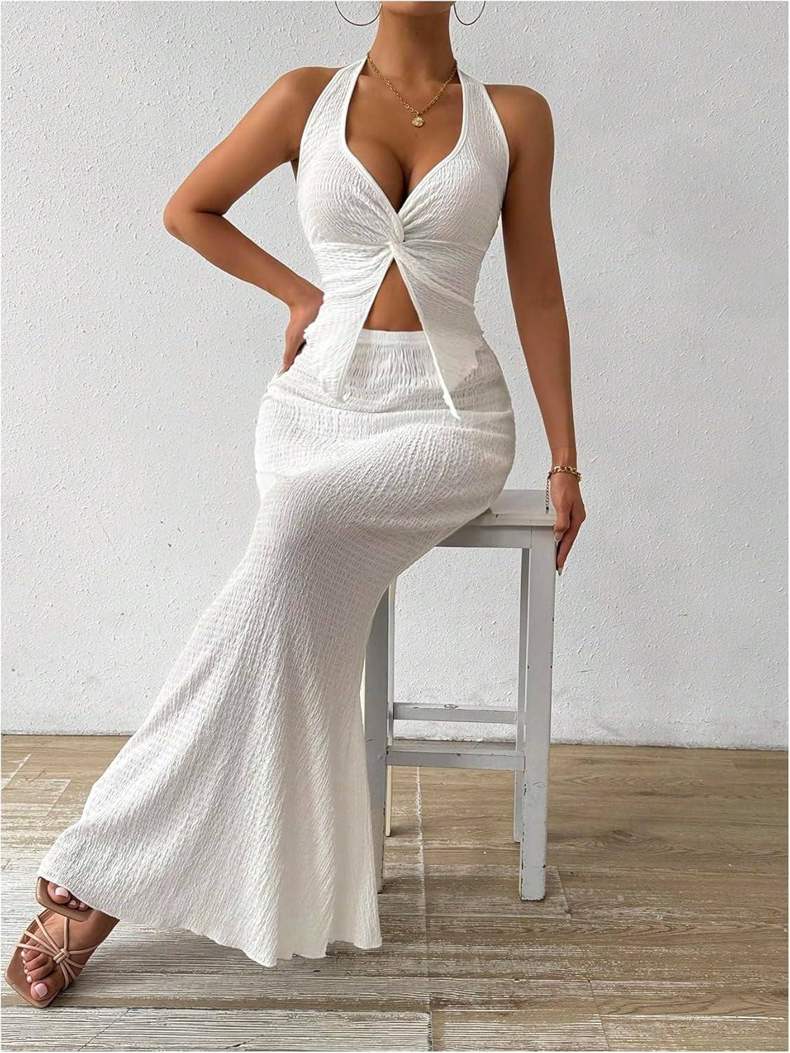 Women'S Two Piece Outfits Twist Front Halter Cami Tops and Skirt Summer Set