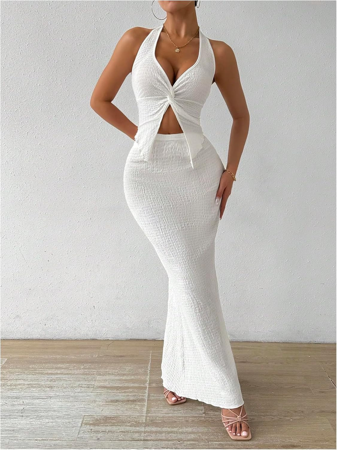 Women'S Two Piece Outfits Twist Front Halter Cami Tops and Skirt Summer Set