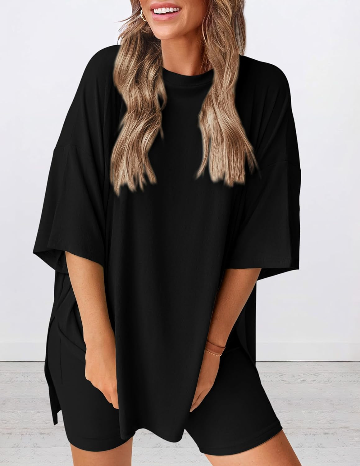 Women'S Two Piece Lounge Set 2025 Summer Casual Oversized Shirts Biker Shorts Matching Airport Travel Outfit