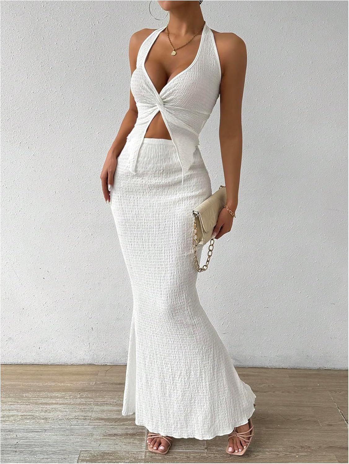 Women'S Two Piece Outfits Twist Front Halter Cami Tops and Skirt Summer Set