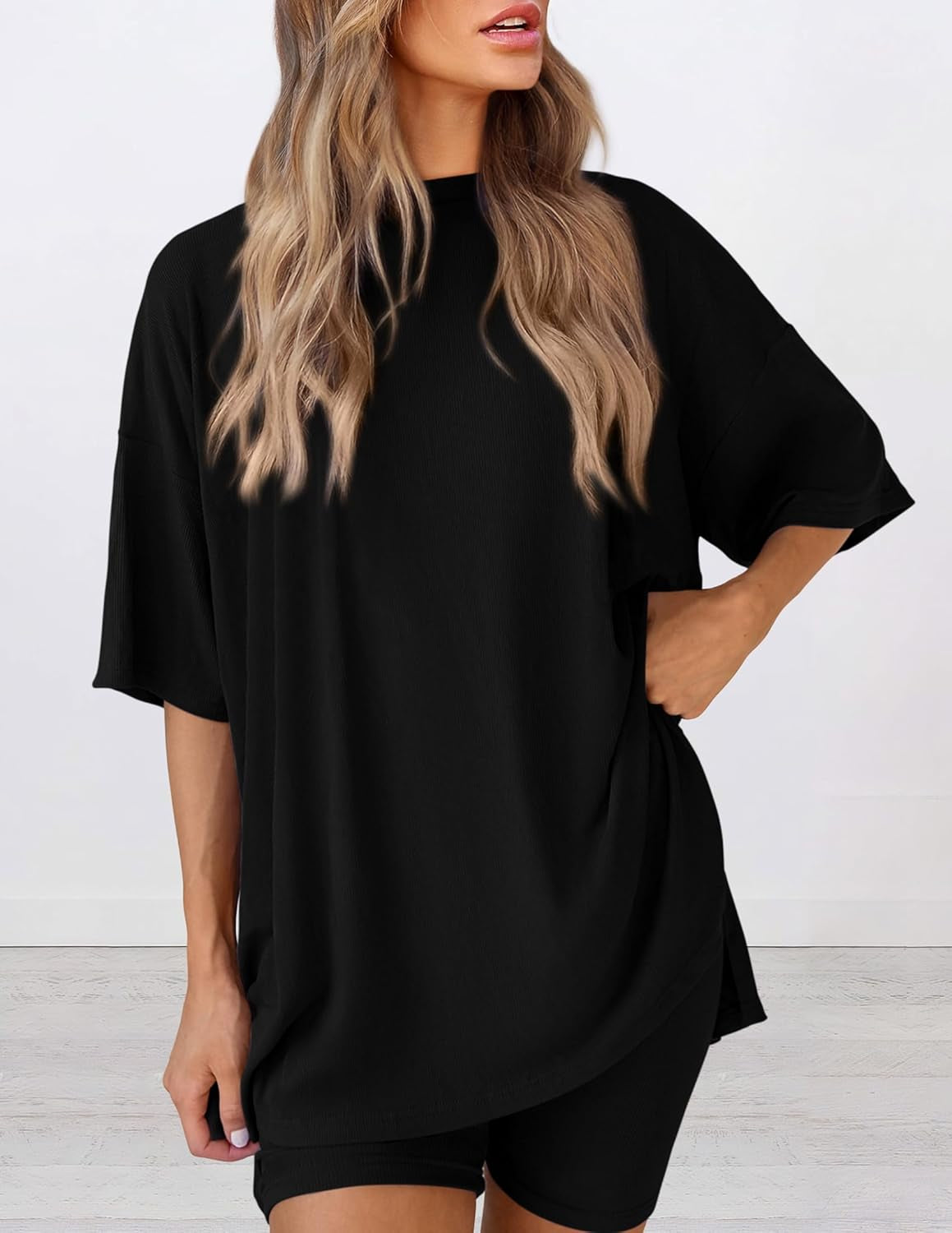 Women'S Two Piece Lounge Set 2025 Summer Casual Oversized Shirts Biker Shorts Matching Airport Travel Outfit