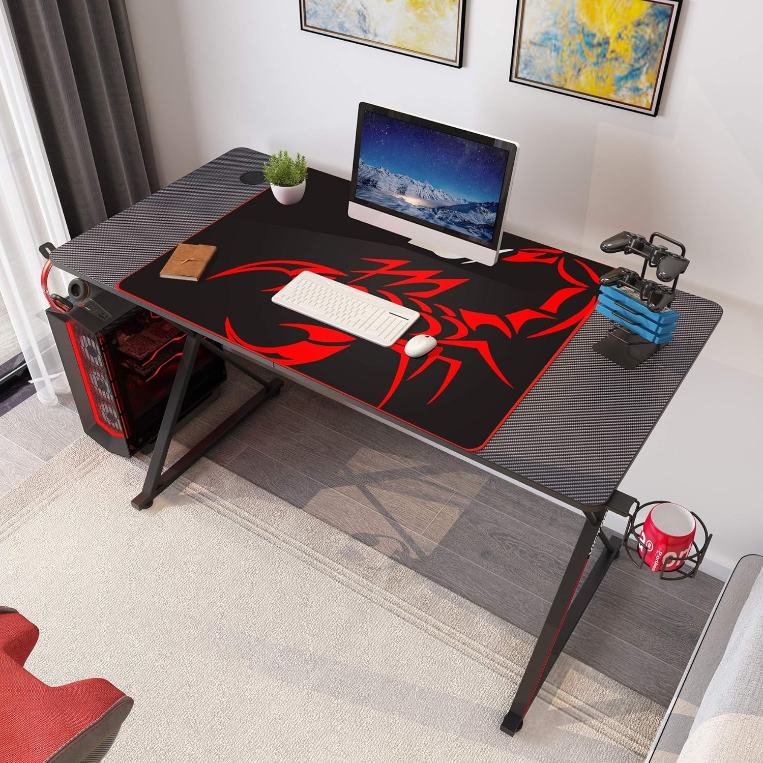 47'' Gaming Desk, X-Shape Computer Desk with Free Mouse Pad, Cup Holder& Headphone Hook & Controller Stand, Gamer Workstation for Home Office, Black