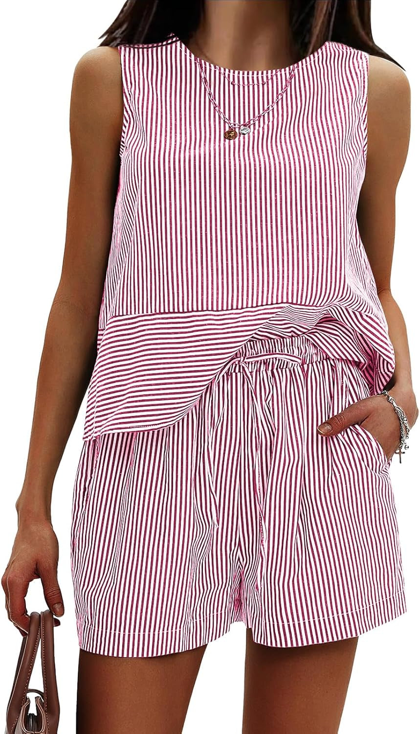 Women'S Summer 2 Piece Outfits Sleeveless Tank Top Matching Shorts Sets Cotton Striped Sweatsuits Vacation Beach 2025