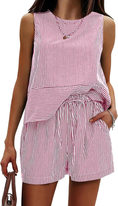 Women'S Summer 2 Piece Outfits Sleeveless Tank Top Matching Shorts Sets Cotton Striped Sweatsuits Vacation Beach 2025