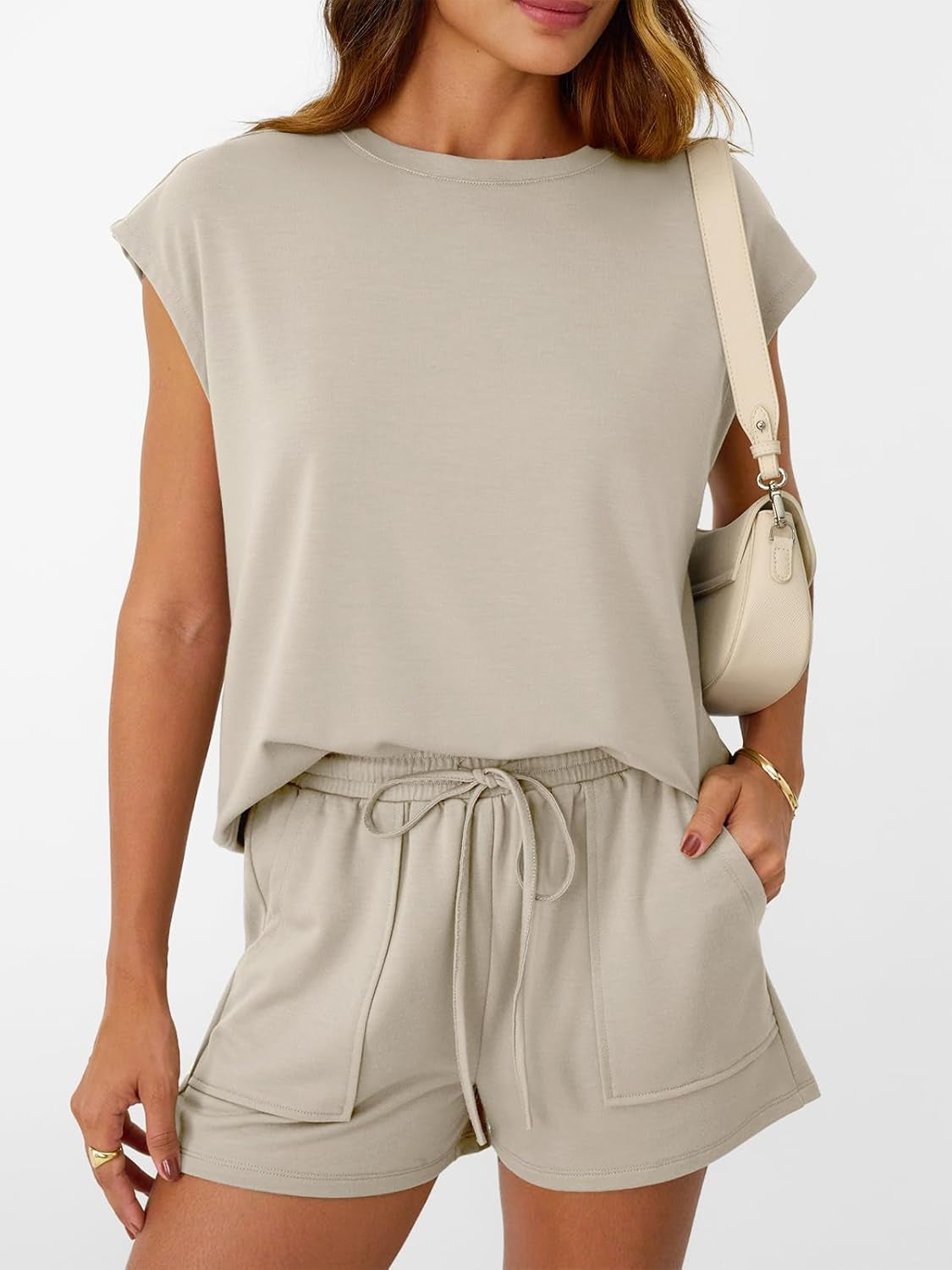 Womens Crew Neck Two Piece Short Sets Cap Sleeve Drawstring Summer Sweatsuit with Pocket
