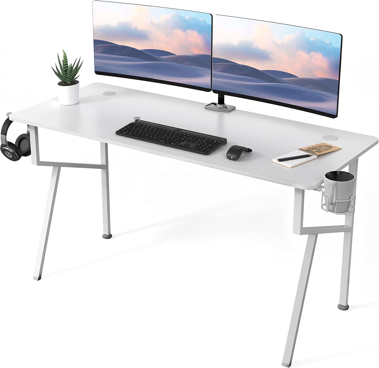 Gaming Desk 55'' K-Shape Office PC Computer Gaming Desk Gamer Tables with Mouse Pad, Cup Holder, Headphone Hook for Men Boy/Girlfriend Son/Daughter, White