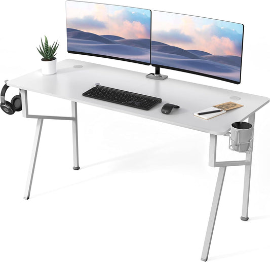 Gaming Desk 55'' K-Shape Office PC Computer Gaming Desk Gamer Tables with Mouse Pad, Cup Holder, Headphone Hook for Men Boy/Girlfriend Son/Daughter, White