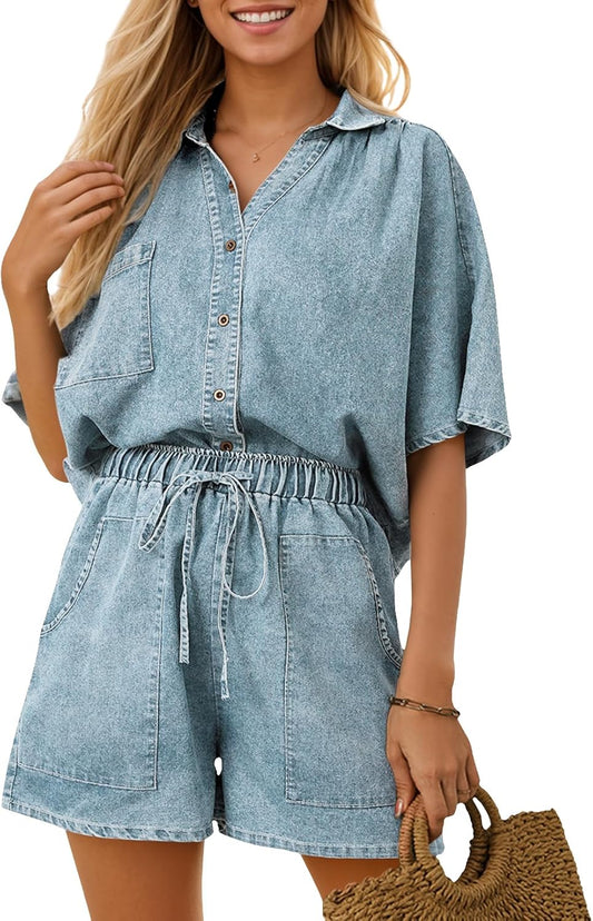 Womens 2 Piece Outfits Summer Denim Sets Short Sleeve Button down Crop Jean Shirts High Waist Denim Shorts Sets