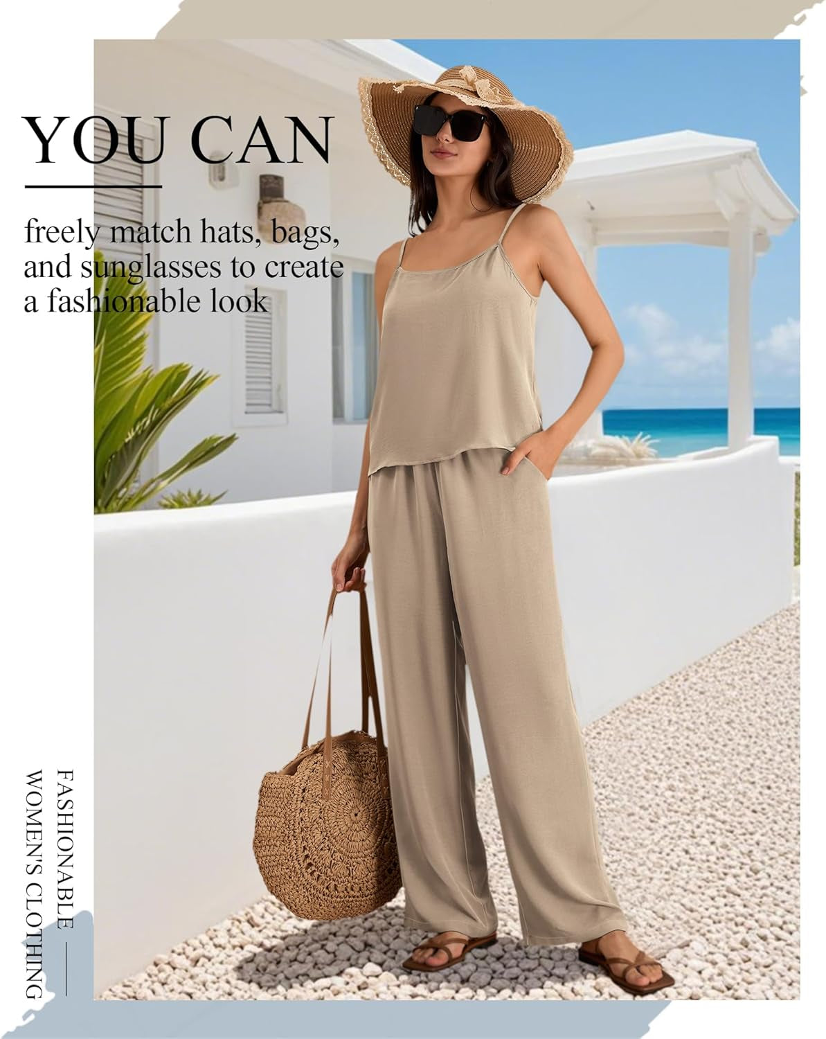 Women'S 2 Piece Lounge Set Summer Beach Vacation Travel Outfits Casual Matching Spaghetti Strap Top and Pants Sets