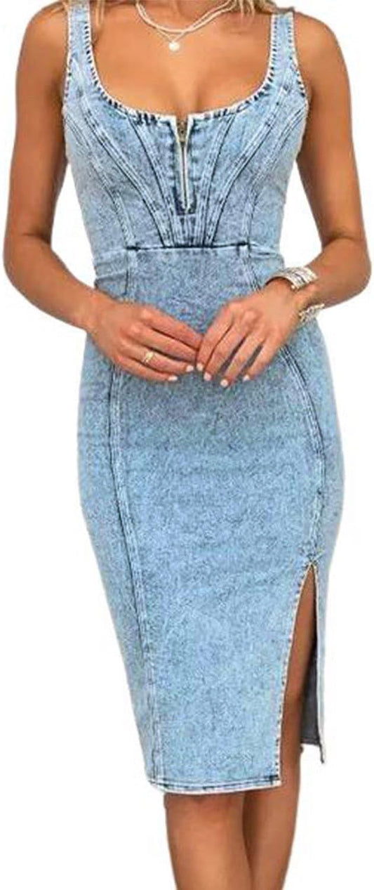 Denim Dress for Women Sleeveless Side Slit Bodycon Midi Jean Dresses for Women 2025