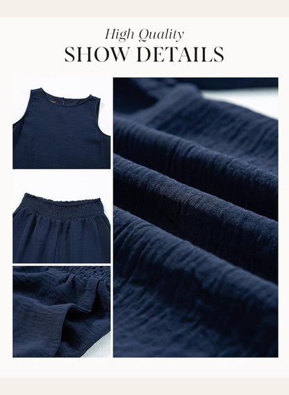 Pants Sets Women 2 Piece Outfits Sleeveless round Neck Tank Tops Matching Sets for Women Elastic Waist Wide Leg