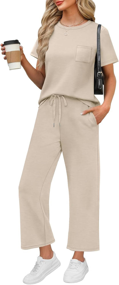 2 Piece Sets for Women Casual Summer Travel Vacation Outfits Short Sleeve Wide Leg Crop Pants Lounge Sets