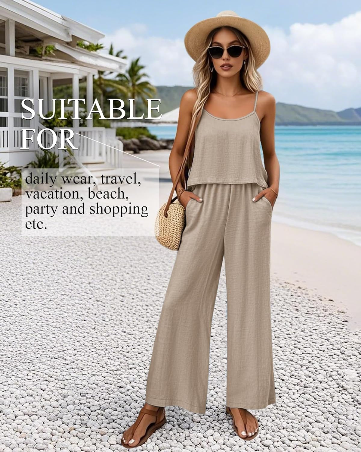 Women'S 2 Piece Lounge Set Summer Beach Vacation Travel Outfits Casual Matching Spaghetti Strap Top and Pants Sets
