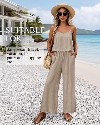 Women'S 2 Piece Lounge Set Summer Beach Vacation Travel Outfits Casual Matching Spaghetti Strap Top and Pants Sets