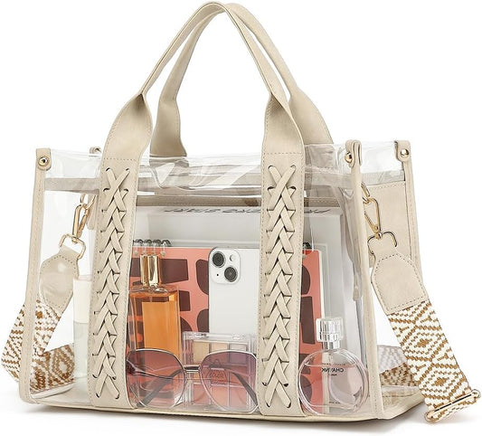 Clear Tote Bag for Women Stadium Approved Woven Crossbody Handbag Clear Purse for Stadium Events, Concert, Work & Beach