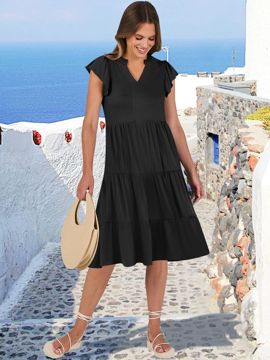 Womens Summer Dress Ruffle Sleeve V Neck Midi Dresses Fashion Casual Fit Flowy Tiered Boho Beach Vacation Sundress