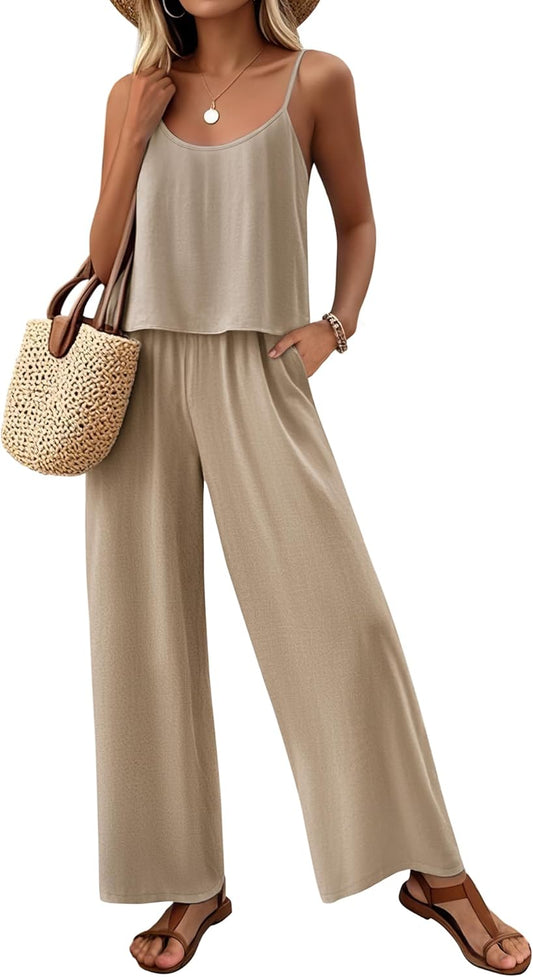 Women'S 2 Piece Lounge Set Summer Beach Vacation Travel Outfits Casual Matching Spaghetti Strap Top and Pants Sets