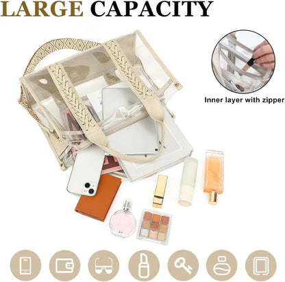 Clear Tote Bag for Women Stadium Approved Woven Crossbody Handbag Clear Purse for Stadium Events, Concert, Work & Beach