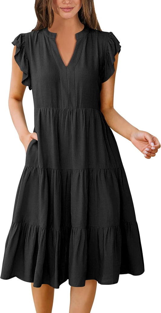 Womens Summer Dress Ruffle Sleeve V Neck Midi Dresses Fashion Casual Fit Flowy Tiered Boho Beach Vacation Sundress