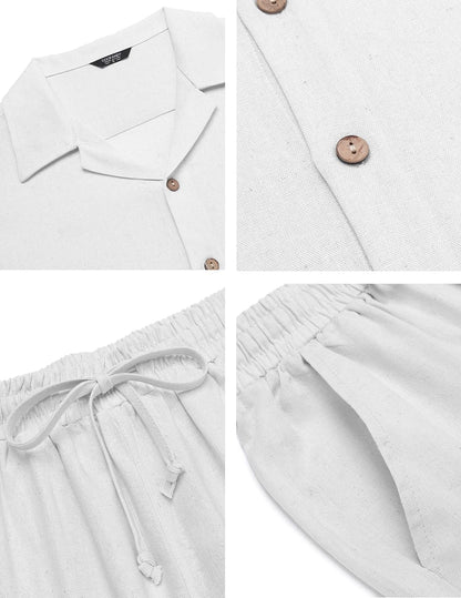 Men 2 Piece Linen Outfit Beach Button down Shirt Casual Loose Pant Sets