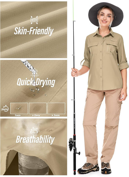 Women'S UPF 50 Long Sleeve UV Sun Protection Safari Shirts Outdoor Quick Dry Fishing Hiking Travel Shirts