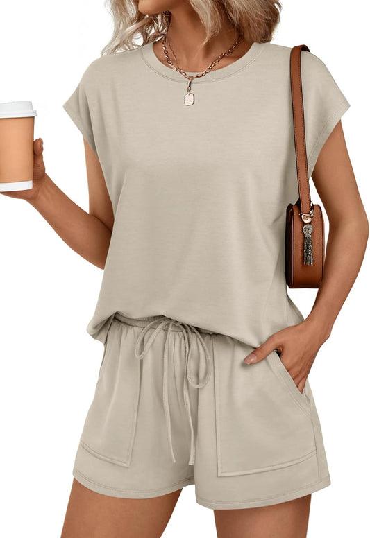 Womens Crew Neck Two Piece Short Sets Cap Sleeve Drawstring Summer Sweatsuit with Pocket