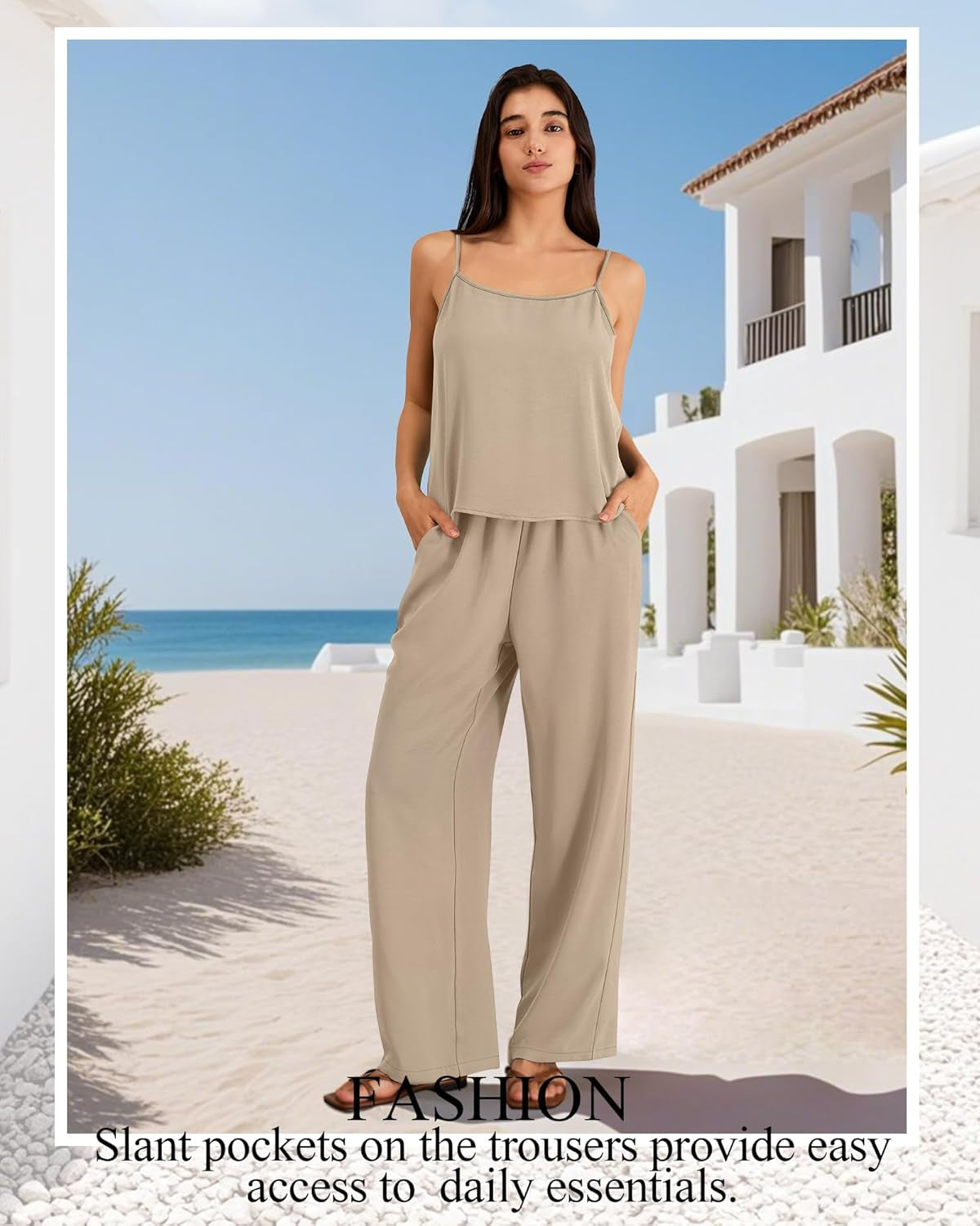 Women'S 2 Piece Lounge Set Summer Beach Vacation Travel Outfits Casual Matching Spaghetti Strap Top and Pants Sets