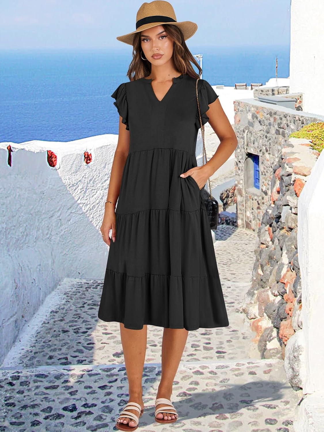 Womens Summer Dress Ruffle Sleeve V Neck Midi Dresses Fashion Casual Fit Flowy Tiered Boho Beach Vacation Sundress