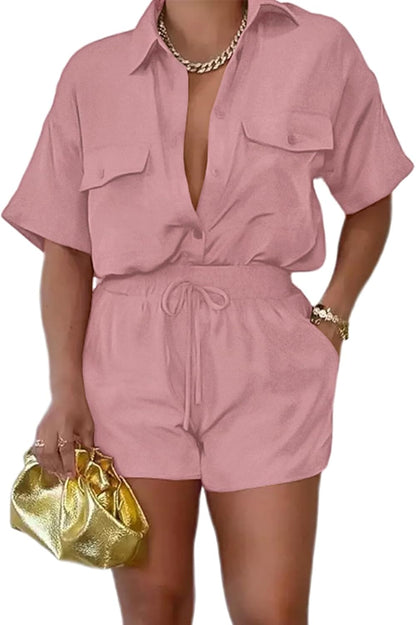 2 Piece Outfits for Women Summer Casual Short Sleeve Button down Tops Blouses Shirts and Shorts Set with Pockets Romper