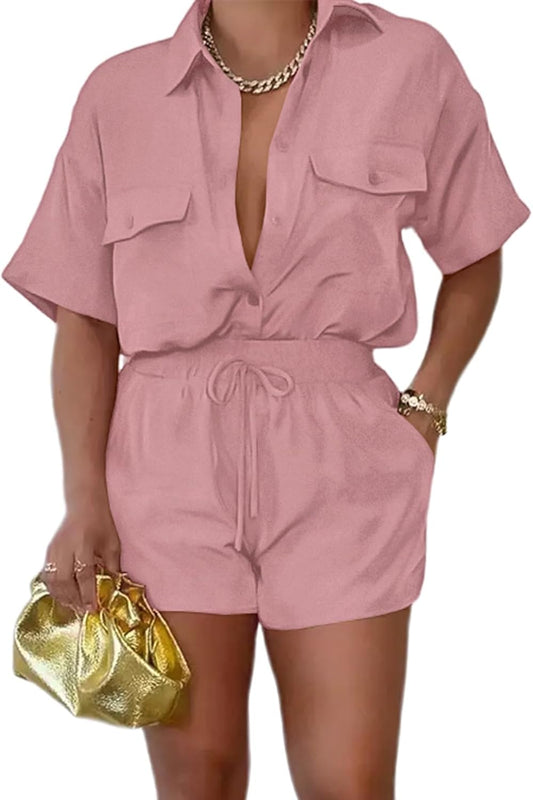 2 Piece Outfits for Women Summer Casual Short Sleeve Button down Tops Blouses Shirts and Shorts Set with Pockets Romper