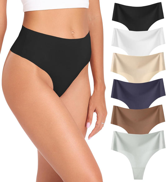 Womens Underwear High Waisted Seamless Thongs for Women Breathable No Show Panties for Ladies 6 Pack