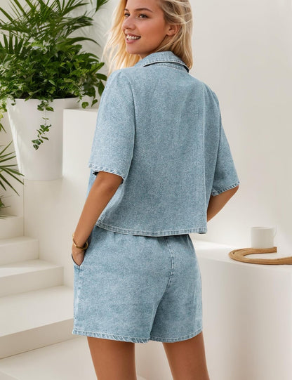 Womens 2 Piece Outfits Summer Denim Sets Short Sleeve Button down Crop Jean Shirts High Waist Denim Shorts Sets